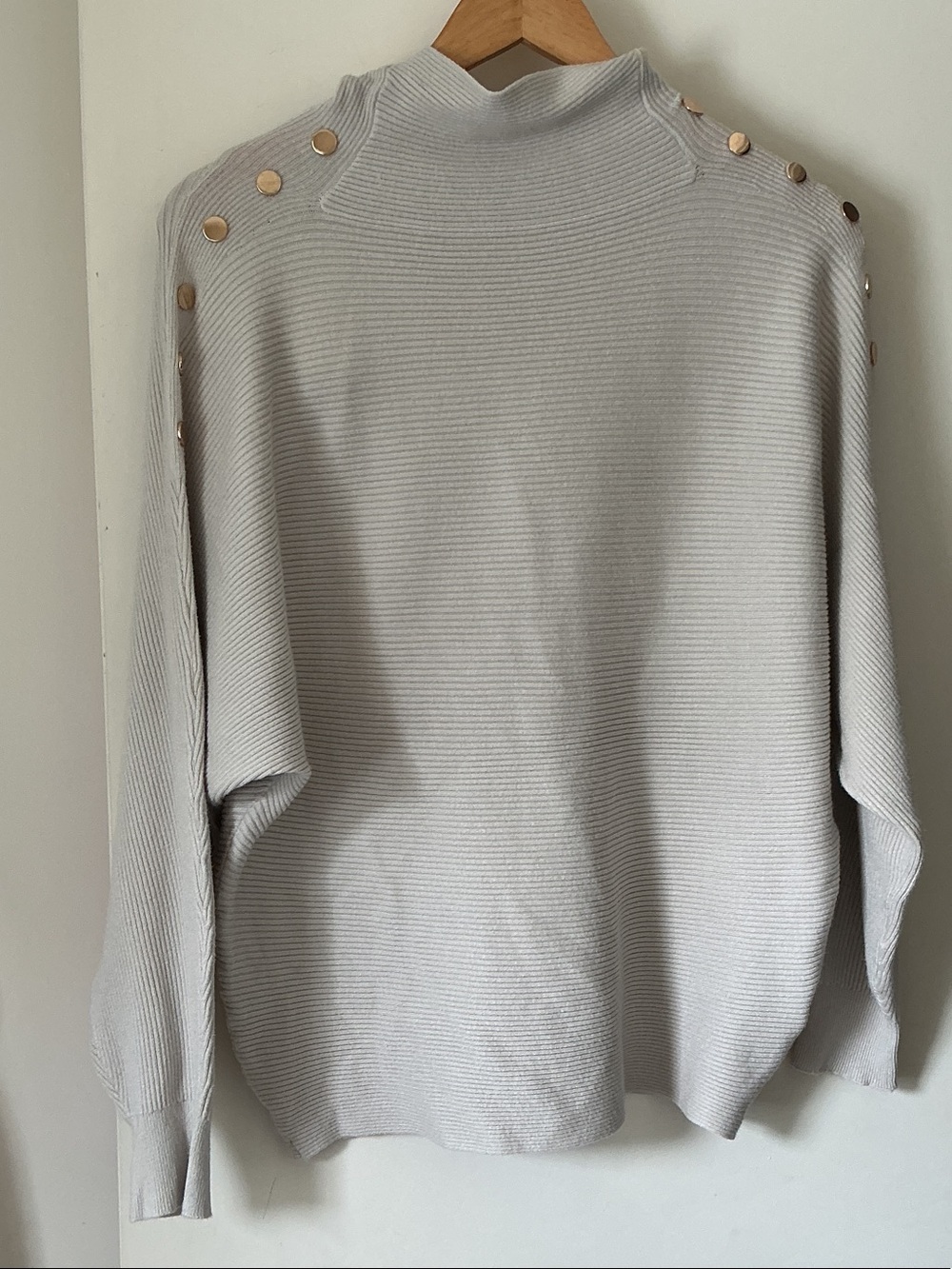 Premise Light Gray Ribbed Turtleneck Sweater with Gold Buttons